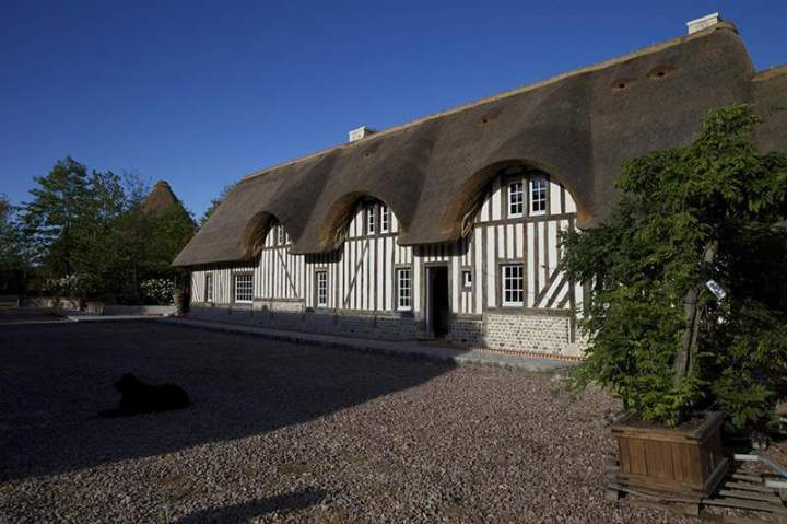 Bâtiment à colombage avec toit en chaume Normandie