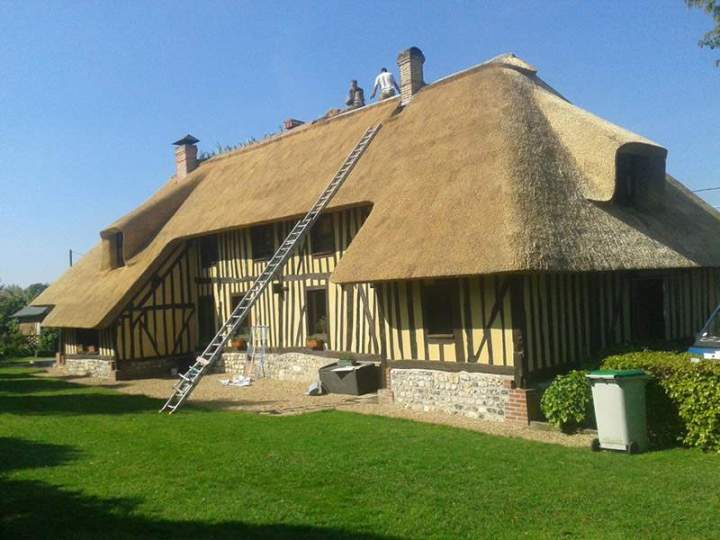 Intervention couvreur sur toiture en chaume Normandie